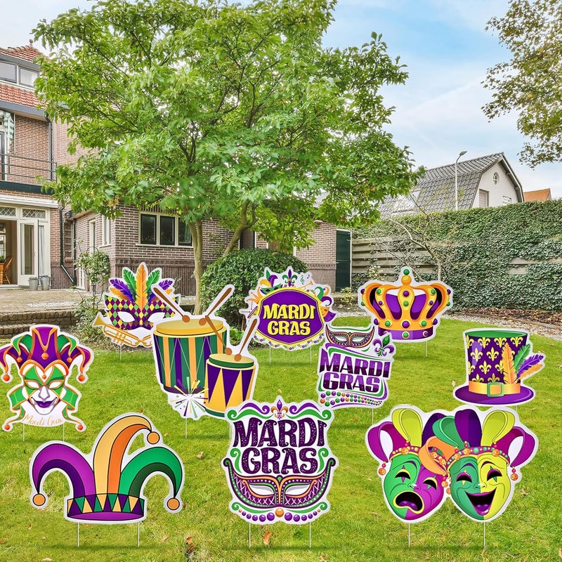 PhyLence 10 Pieces Mardi Gras Decorations Outdoor Yard Garden Porch Sign - Large Festive Mask, Jester, Crown, Drum, and Hat Masquerade Design Signs with Stakes for Outside Carnival Patio Pathway Lawn Decor - Image 5